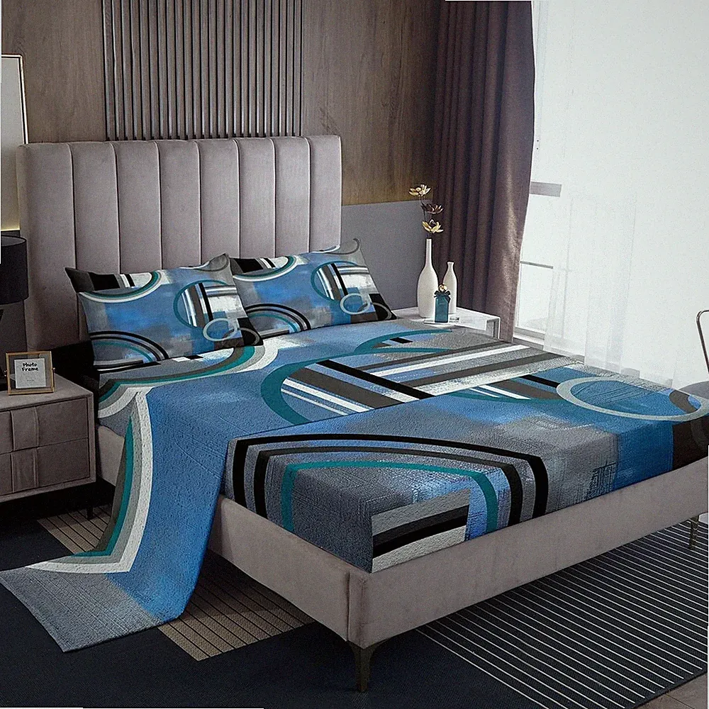 Blue Black Gray Bed Sheets Set Full,Ombre Watercolor Sheet Set,Geometric Stri...