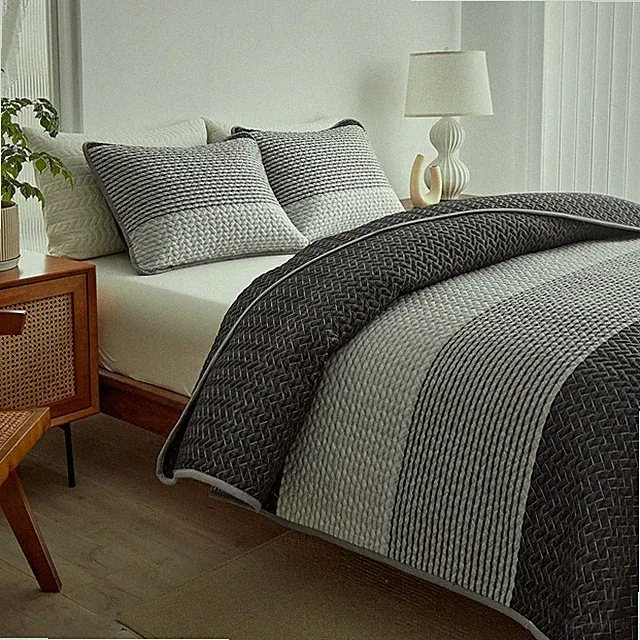 Boho Striped Quilt Set King Size, 3 Pcs Grey and White Reversible Bedspread, Bru
