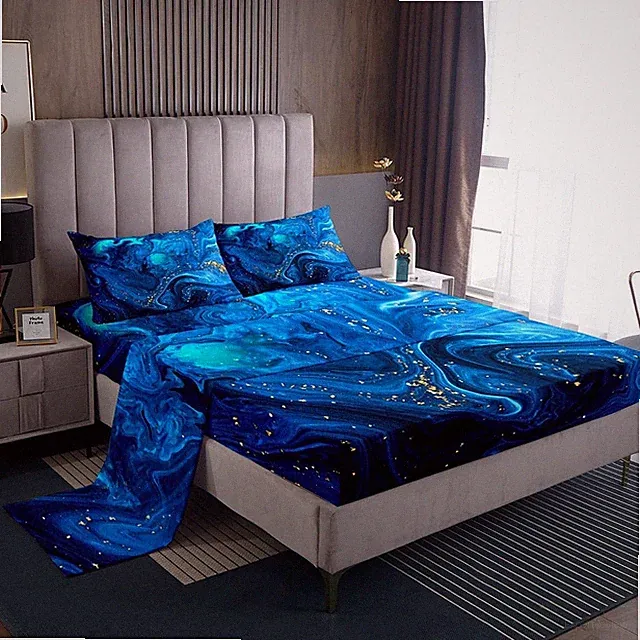 Erosebridal Blue Marble Fitted Sheet Twin, Ombre Blue Fluid Bed Sheets Trippy...