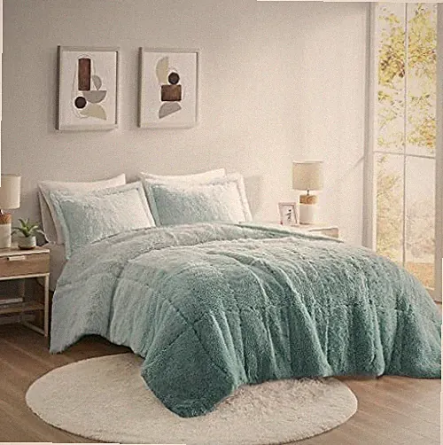 Full/ Queen Ombre Comforter Set, Plush Reverse, Brielle, Long Shaggy Faux Fur