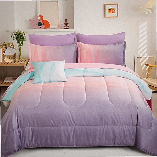 Girls Comforter Set Queen Size Colorful Ombre Blue Pink Purple Rainbow Beddin...