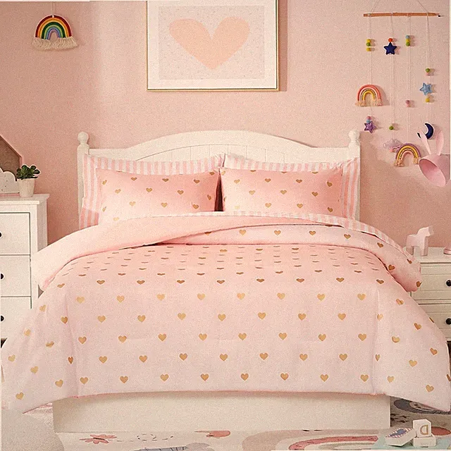 Girls Queen Comforter Set - 7 Piece Pink Ombre Bedding with Heart Design