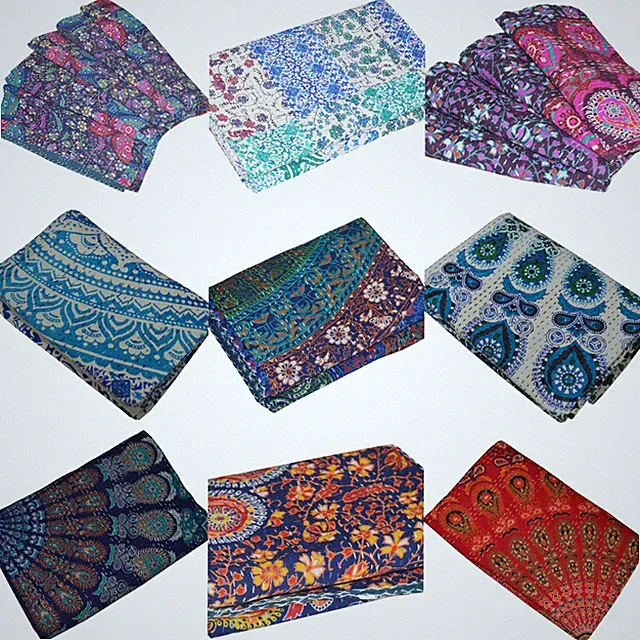 Indian Handmade Kantha Quilt Queen/ Twin Mandala Bedsheet Cotton Bedspread Throw