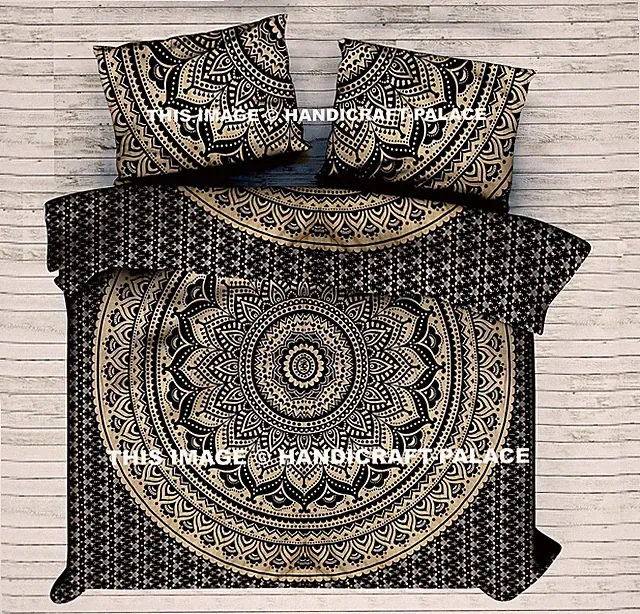 Indian Ombre Mandala Coverlet Black Bedspread Bedding King Size Bed Sheet Set