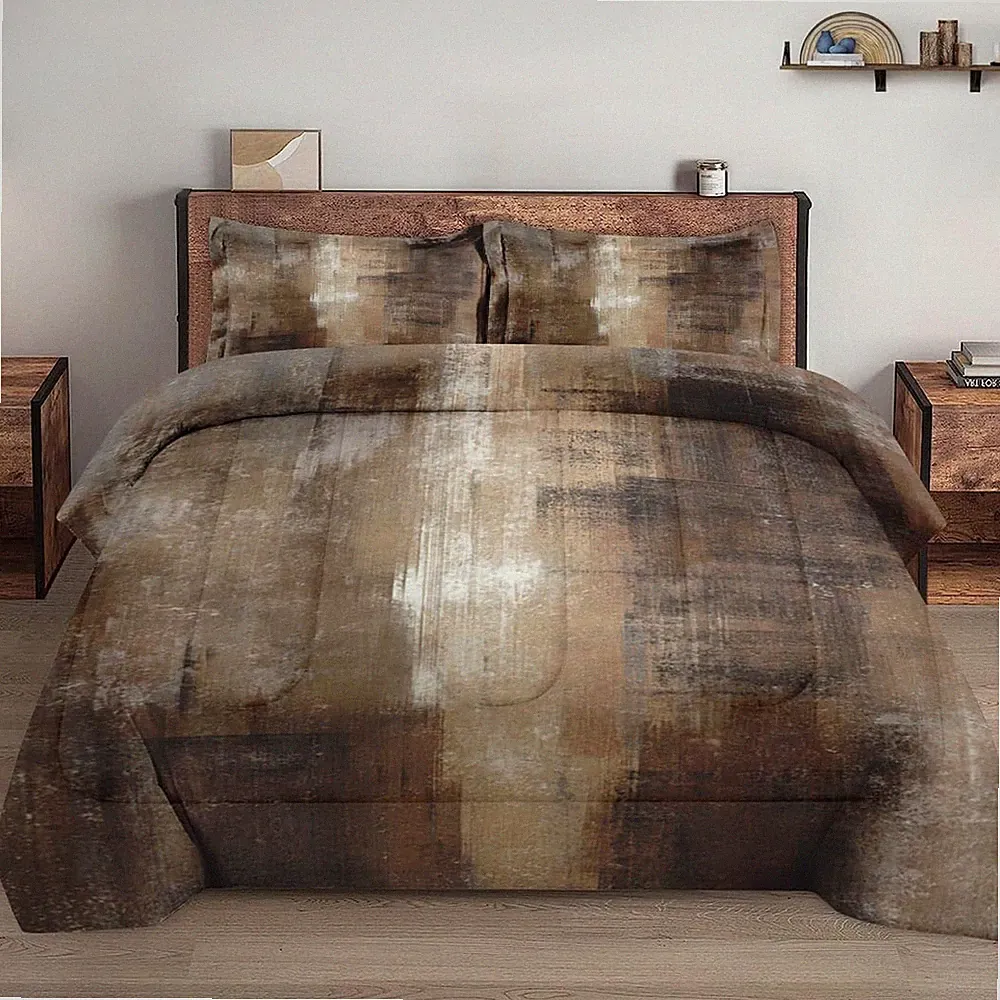 King Size Comforter Set 3 Pcs Ombre Brown Grey Bedding Soft Cozy Bedroom Decor