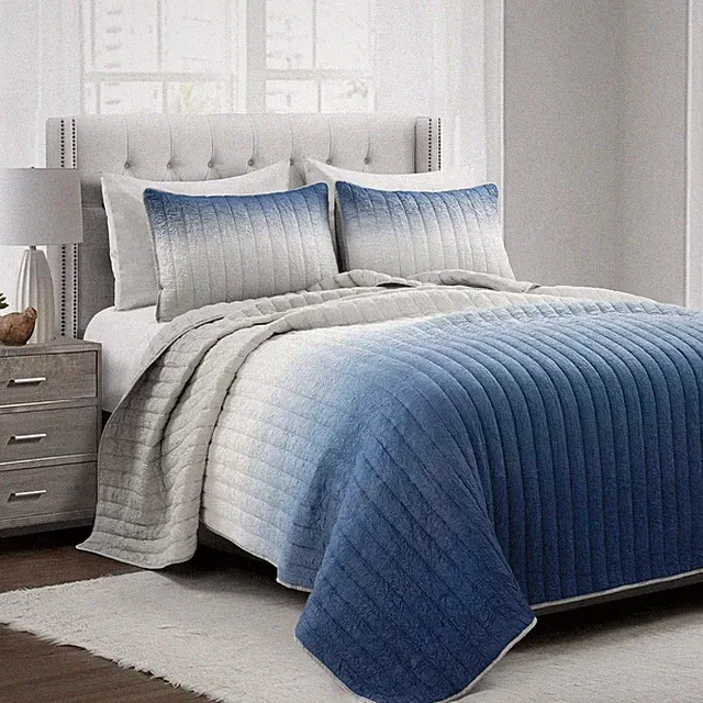 Lush Decor Crinkle Ombre 3 Piece Quilt Set, Full/Queen, Navy & Gray