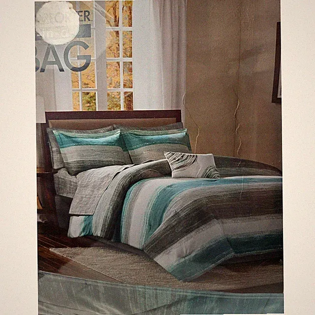 MADISON PARK King 8 Pc Comforter Sheet Bedskirt Set Teal Gray White Ombre