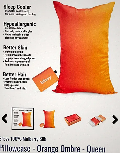 NWOB $105 BLISSY Mulberry Silk Pillowcase QUEEN (20x30) Orange Ombre