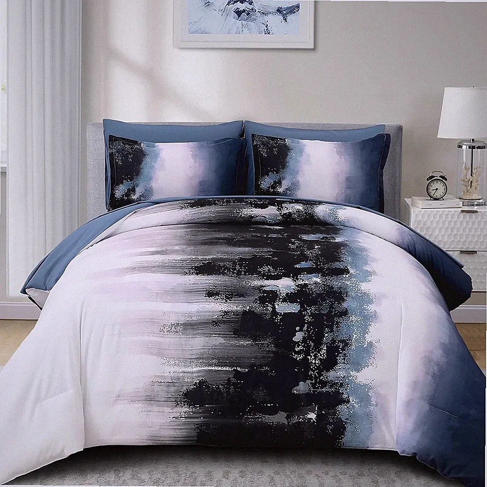 Ombre Blue Comforter Set King Size Gradient Navy Blue Black Boho Bedding Set for