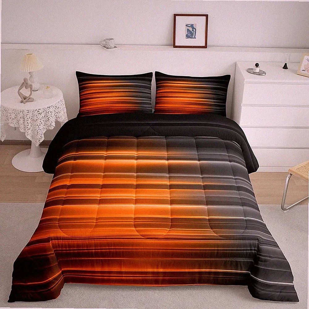 Orange and Gray Striped Bedding Set Full, Geometric Abstract Ombre Comforter wit