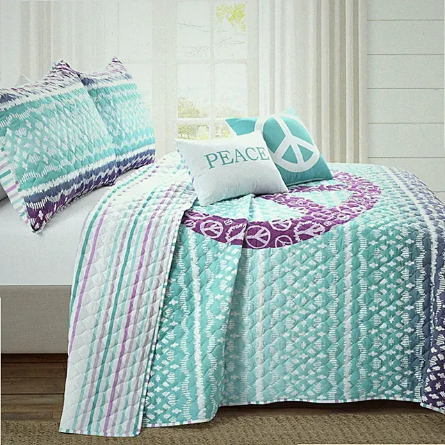 Peace Ombre Reversible 5 Piece Quilt Set Full/queen Purple Blue