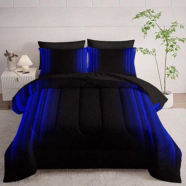 Queen Size Blue and Black Abstract Ombre 7-Piece Bedding Set All Seasons