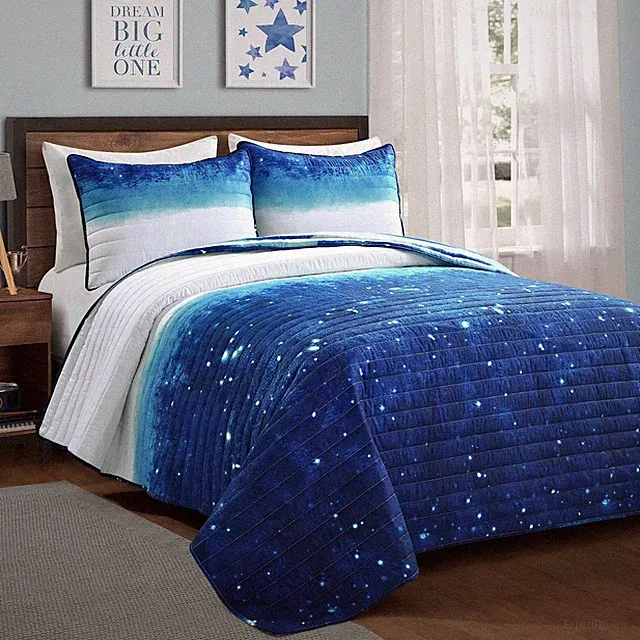 Space Star Ombre Quilt 2 Piece Set, Twin, Navy & White - Toddler Galaxy Reversib