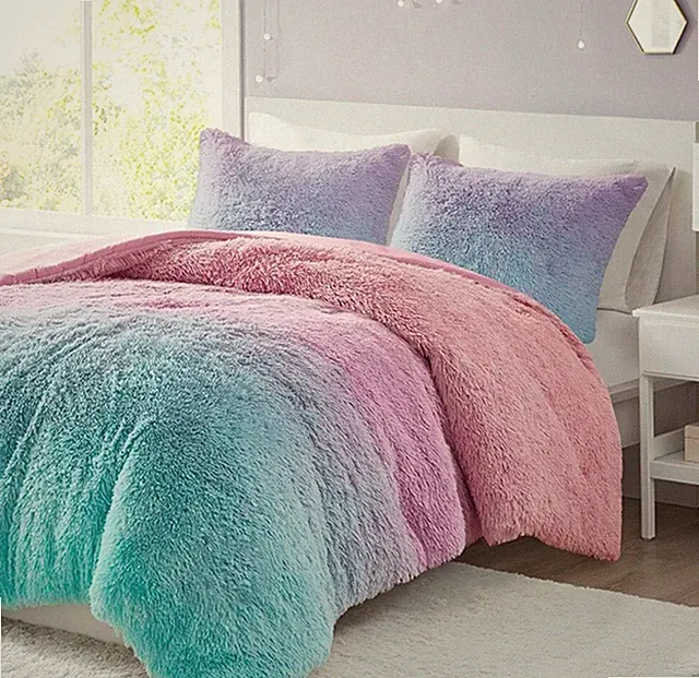 ULTRA PLUSH OMBRE SOFT FAUX FUR COMFORTER SET : RAINBOW PINK PURPLE SHAG BEAR