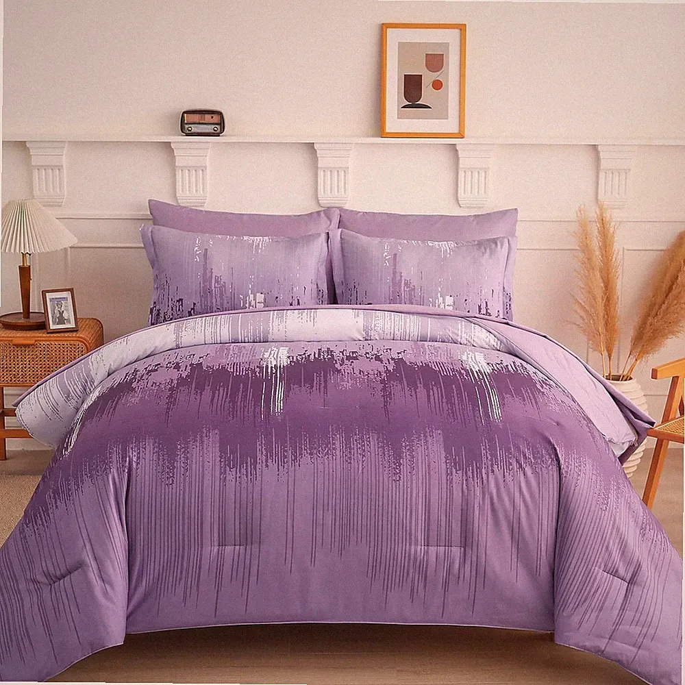 WONGS Queen King Comforter Set,Ombre Purple Abstract Art Gradient Soft Microfibe